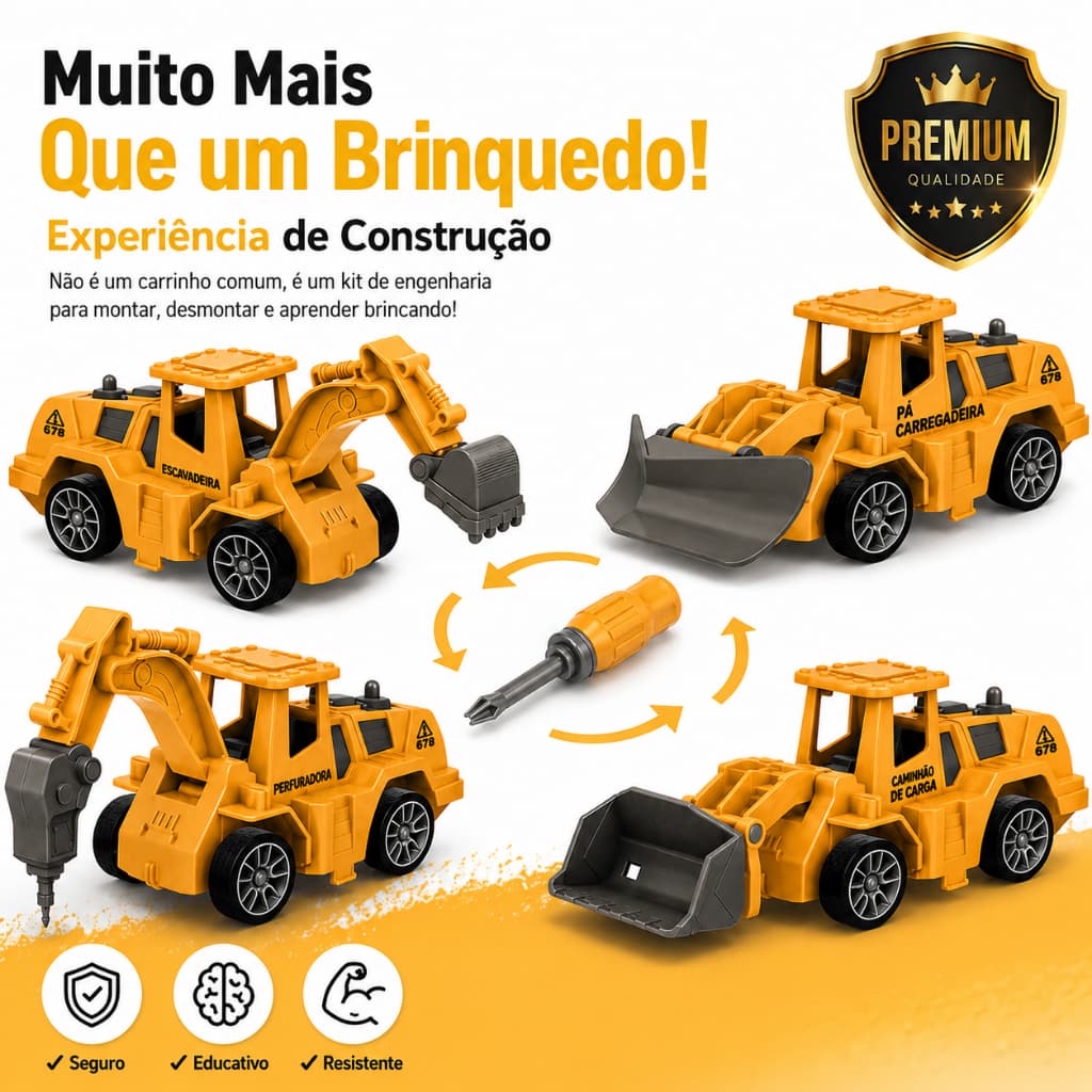 Kit 4 Carrinhos de Engenharia Desmontáveis Infantil com Chave de Fenda DIY Brinquedo Educativo 3+