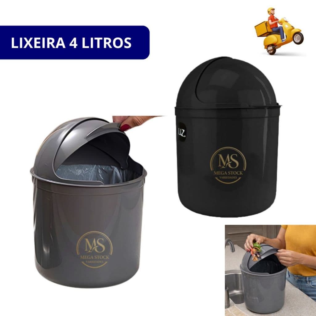 Lixeira  Cozinha Banheiro Escritório Pia 4L Com Tampa Basculante Na Cor Cinza Vermelho Branco Preto