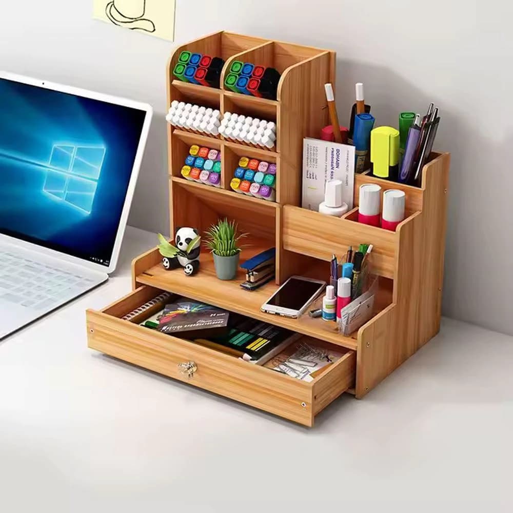 Organizador De Mesa Mdf Escritório Multiuso C-Gaveta Nicho Canetas
