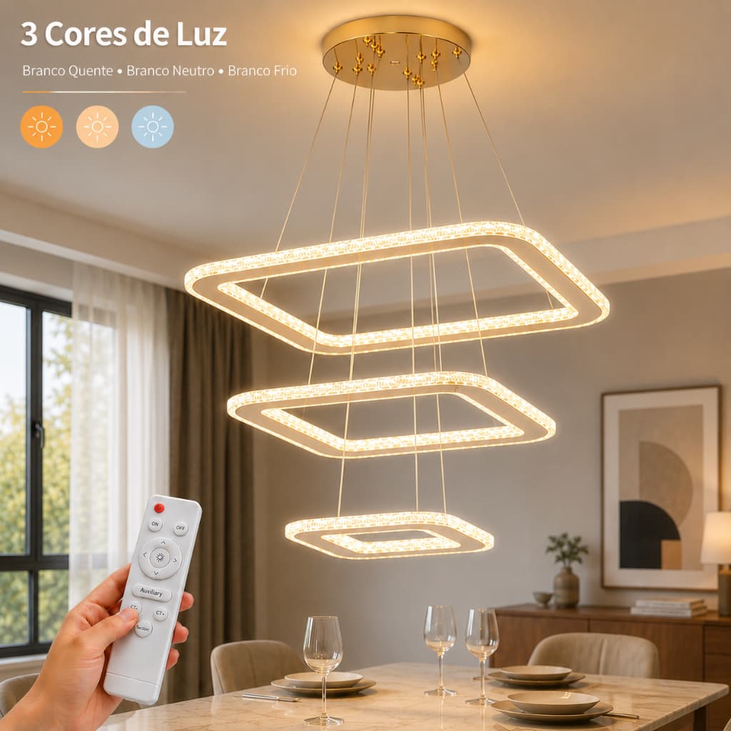 3 Cores Lustre LED Pendente Geométrico 3 Camadas Moderno Altura Ajustável para Sala de Jantar Quarto