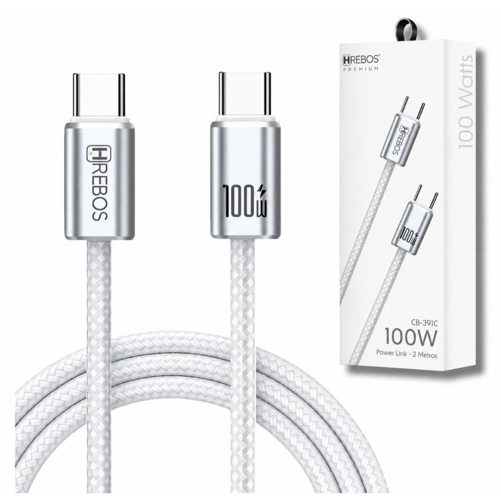Cabo Tipo C Para Tipo C Turbo 100W 2 Metros Nylon Hrebos CB-391C Carregador Notebook Mac Branco