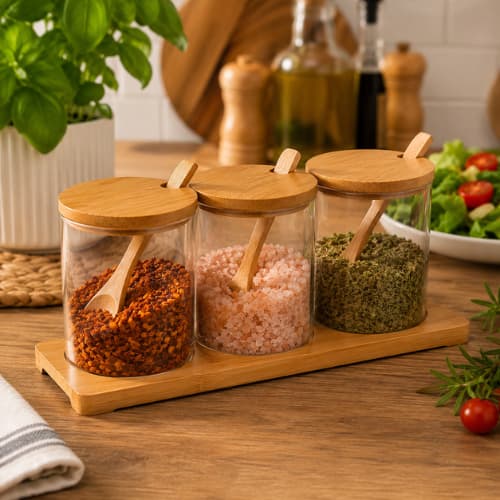 Jogo 3 Potes Bambu com Tampa Colher Base Tempero 300ml