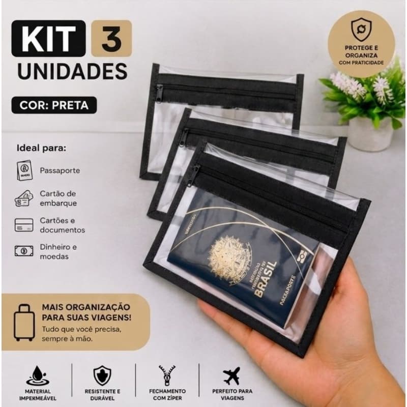 Kit 3 Nécessaires plásticas PRETAS 2 bolsinhos/Porta passaporte/Multifuncional.