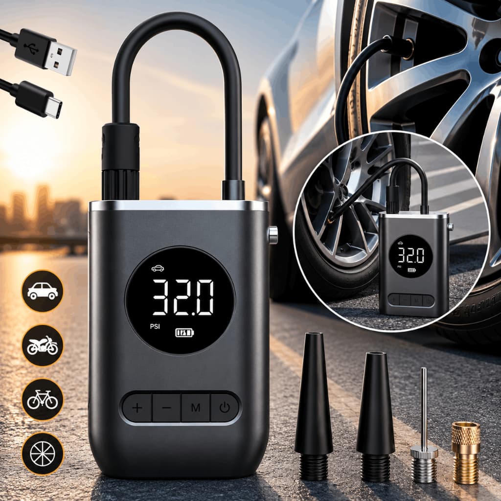 Mini Compressor de Ar Portátil Digital Recarregável USB Enche Pneu Carro Moto Bicicleta Bola Calibrador Elétrico Sem Fio