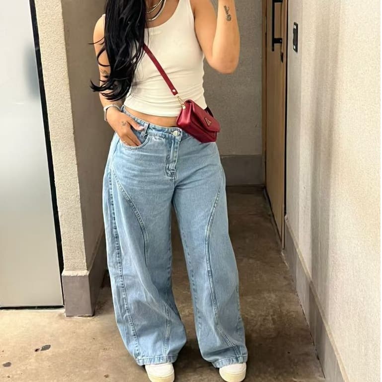 Calça Jeans Calça Balão femininas Calça perna Larga Estilosa Moda 100% Algodão Estilo