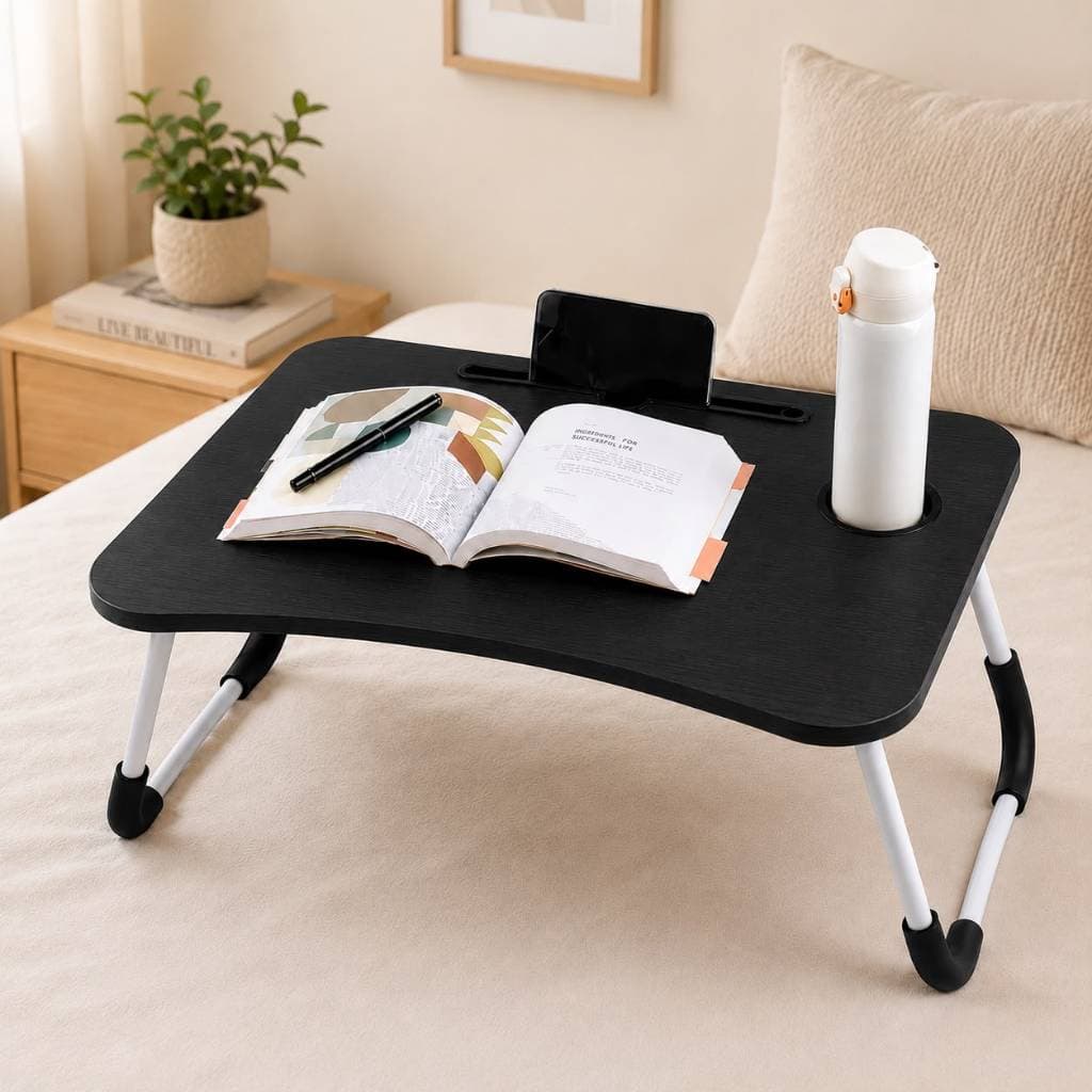Mesa Notebook Dobrável Multiuso Cama Sofá Home Office Porta Copos Suporte Preto Marfim