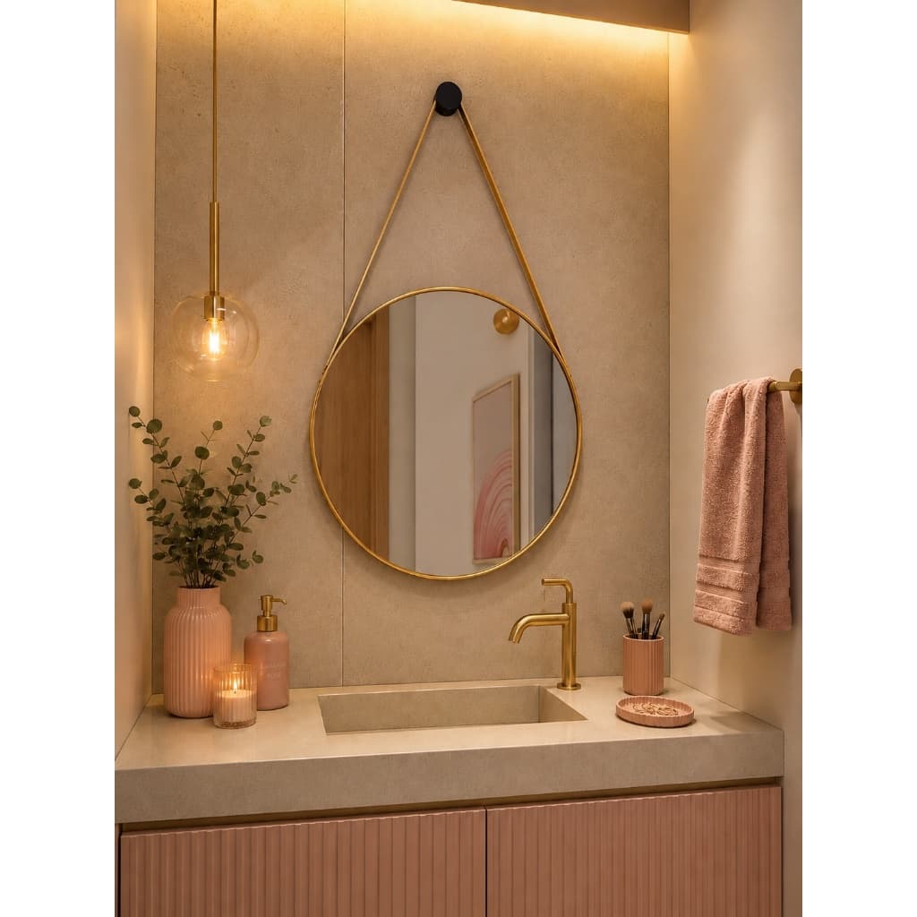 Espelho Adnet 30cm com Alça de Couro e Suporte para Banheiro Quarto Sala