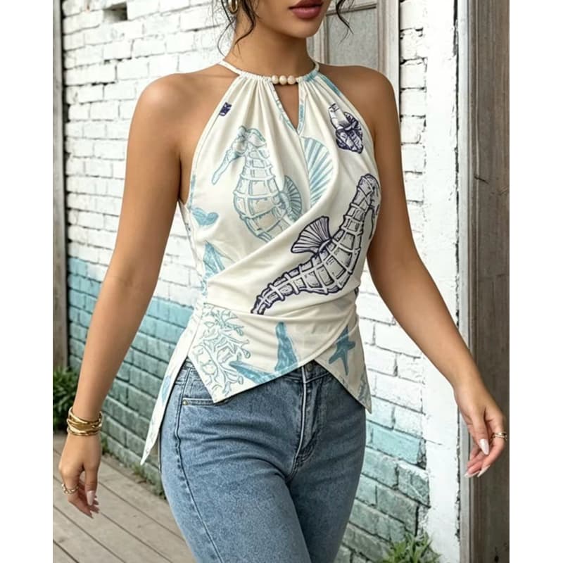 Blusa Top de Mulher com Estampado de Cavalo-Marinho Francês, Pérolas e Decote Halter, Sem Mangas e Cintura Acentuada