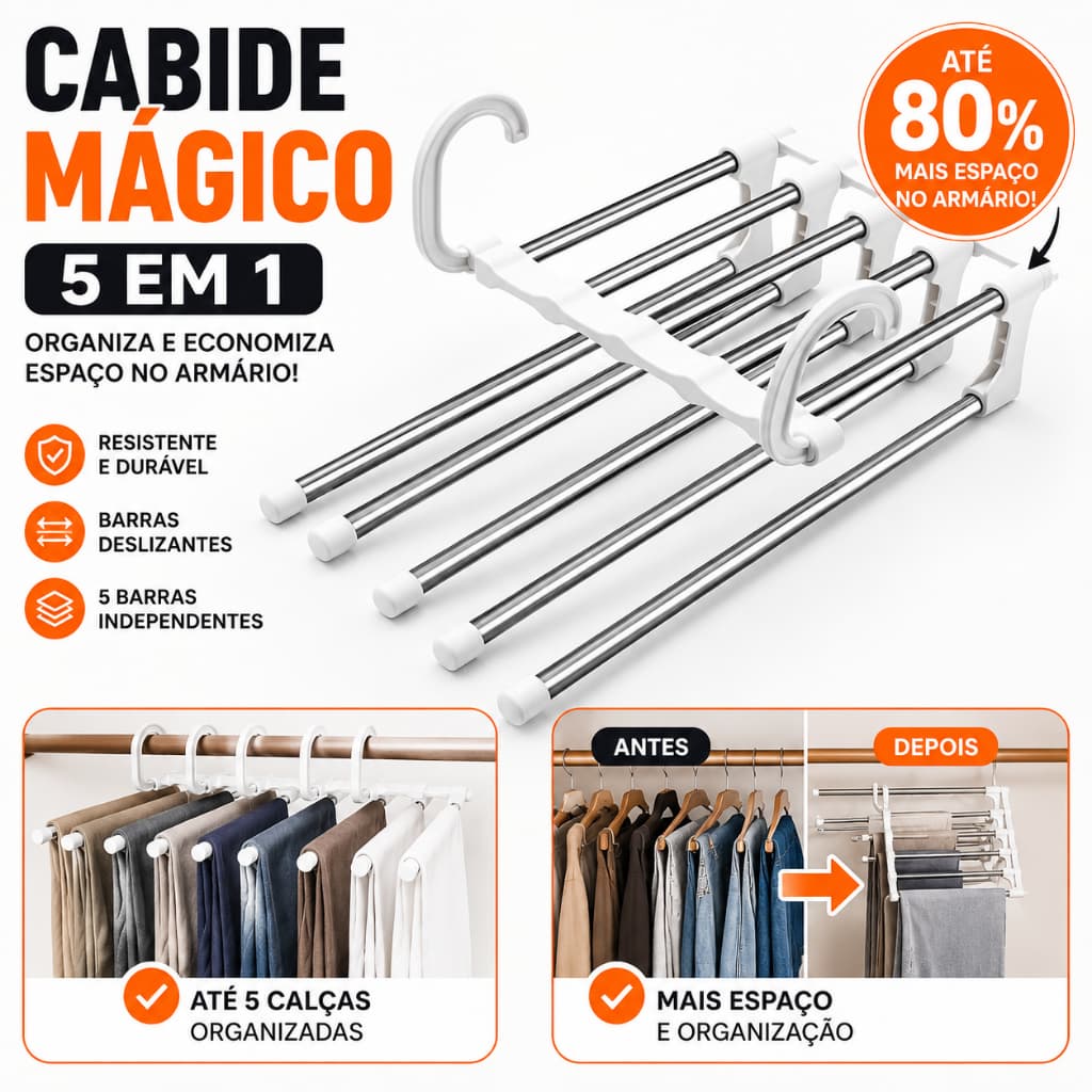 Cabide Mágico Multifuncional 5 em 1 Organizador para Calças