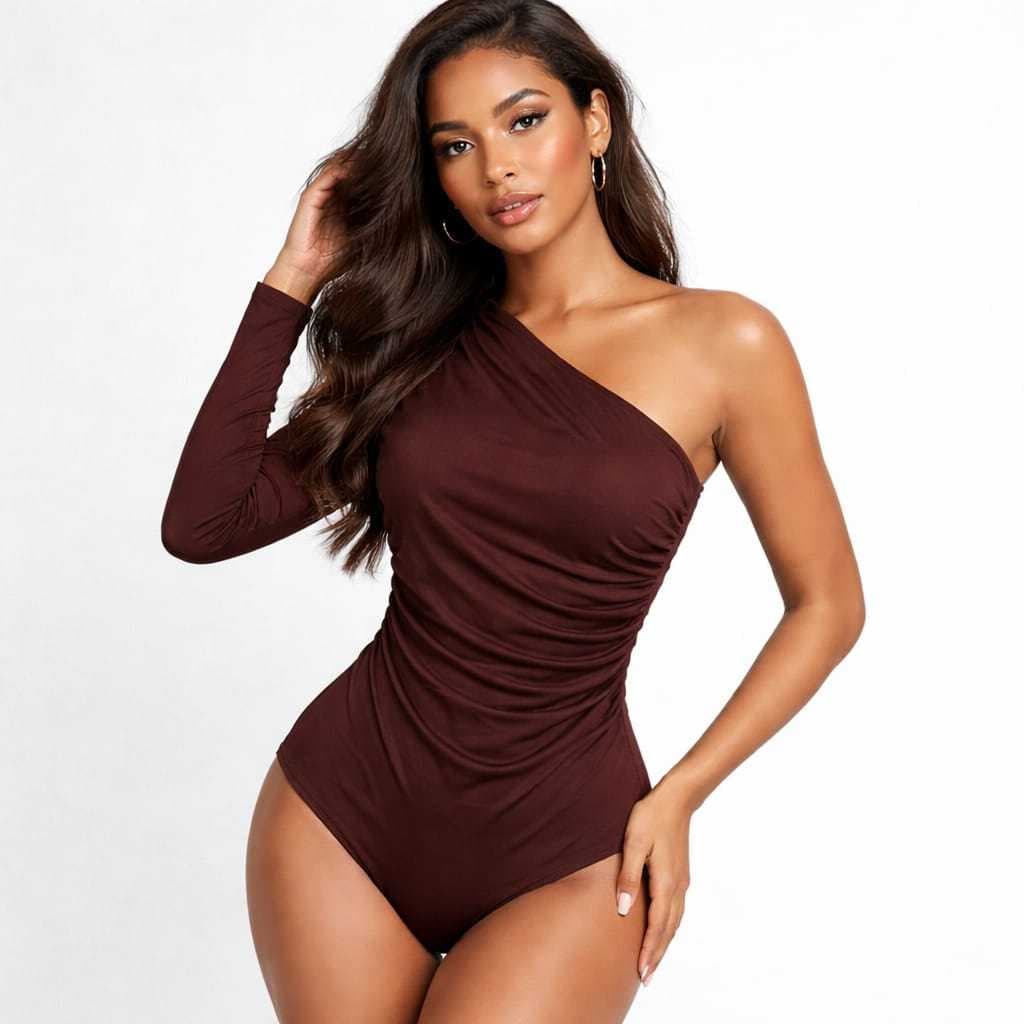 Body Feminino Um Ombro Só Manga Longa Drapeado Elegante