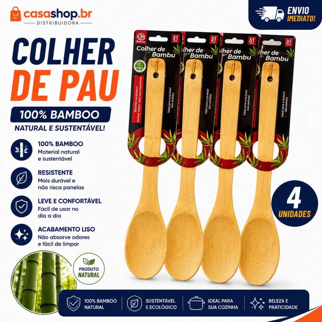 Colher de Pau Bambu 30cm para Cozinha Utensílio Resistente e Durável