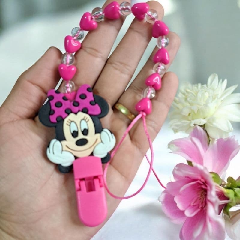 Prendedor de chupeta Minnie coração personalizado com nome