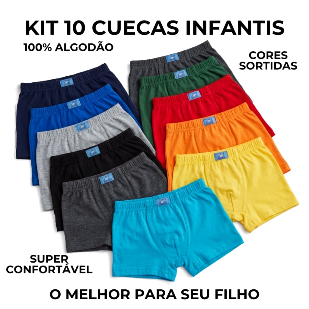 Cueca Boxer Infantil 100% Algodão com Forro Macio Confortável Respirável Kit 10-05 Coecas Box