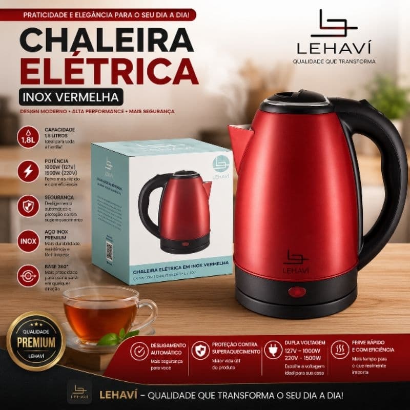 Chaleira Lehavi Elétrica Inox Vermelha 1,8L Base 360° Desligamento Automático 127V ou 220V