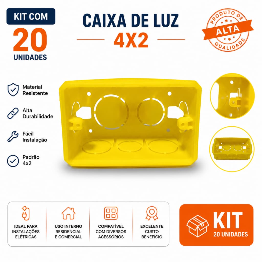 20 Caixa de Luz 4x2 Reforçada P/ Tomada Interruptor Embutir Disponível Cor Amarela e Preto Energia