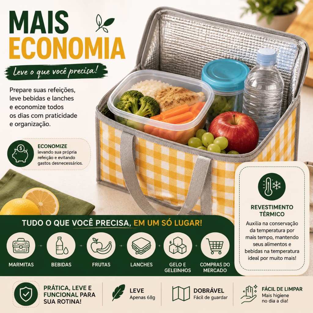 Bolsa Térmica Dobrável para Marmita Conserva Alimentos Praia Mercado Viagem Thermia Belle