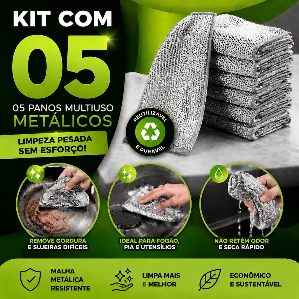 Kit 5 Pano de Limpeza Arame Metálico Aço Inoxidável Esponja Arear Panela Fogão Tira Gordura Reutilizável