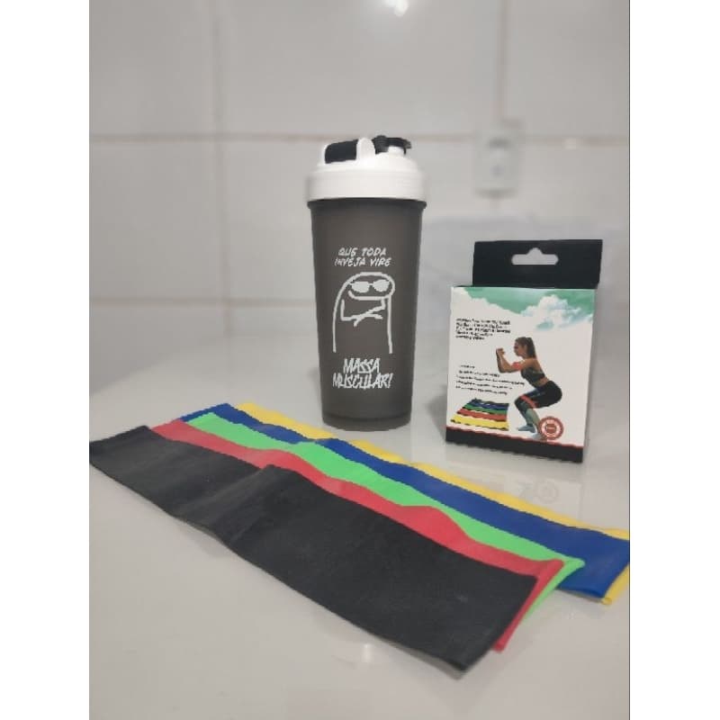Combo Academia Coqueteira Shaker Shakerira + Kit 5 Faixas Elasticas Mini Band Funcional Pilates