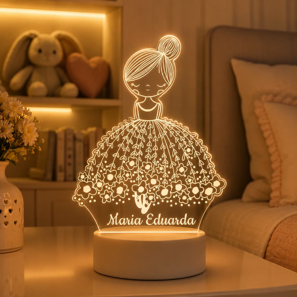 Luminária Bailarina LED 7 cores RGB Personalizada nome Criança, Decoração, Bebê, Acrílico, Abajur