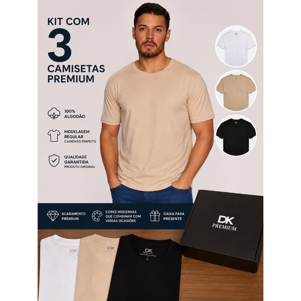 Kit 3 Camisetas Básicas Premium Masculina Algodão Macio Confortável Acabamento Premium Regular Fit Casual