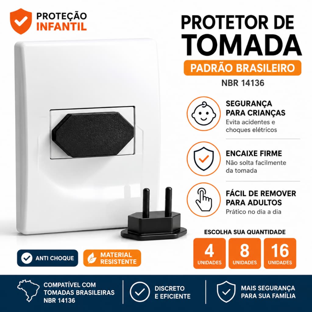 Protetor de Tomada Infantil Padrão Brasileiro NBR14136 Tampa Segurança Anti Choque Crianças Kit 4 8 16 Unidades