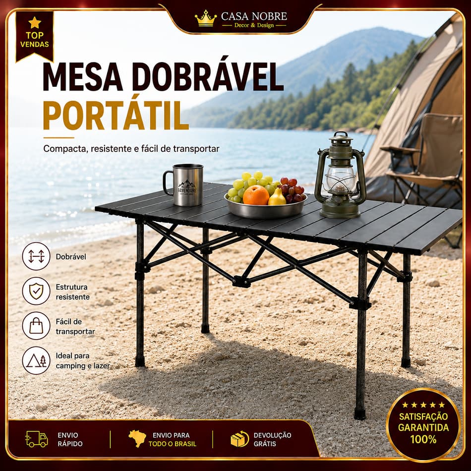 Mesa Dobrável Portátil, Mesa De Camping Com Tampo Ripado, Estrutura Reforçada, Adequada Para Uso Externo.