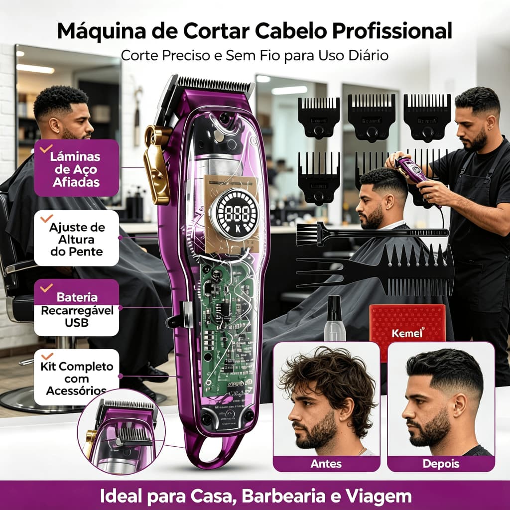 Maquina De Cabelo Corte e Acabamento Kemei 2709 Recarregável Profissional 6 Pentes Display Led Bateria