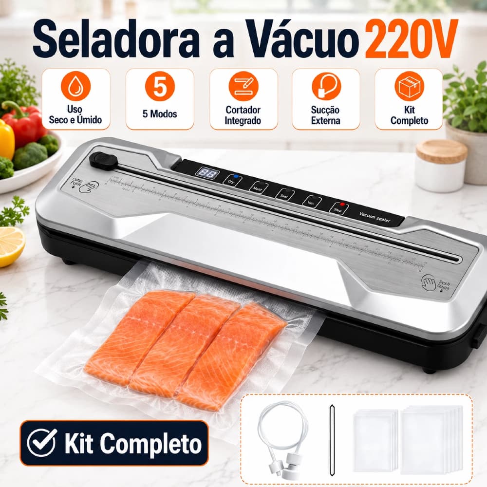 Seladora a Vácuo 220V Seco e Úmido | 5 Modos com Cortador e Sucção Externa - Kit Completo Inclui Sacos