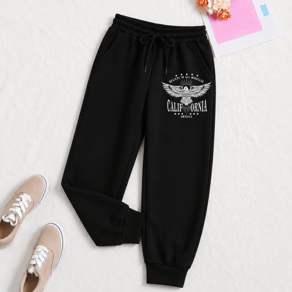 Calça De Moletom Feminina California Asas Estampa Street Wear Larga Confortável