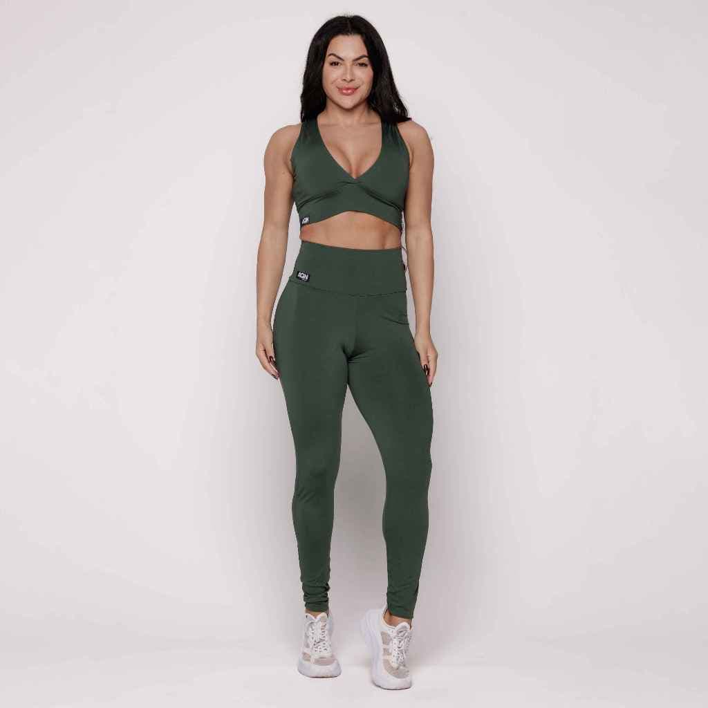 Conjunto Fitness Basico Verde Musgo Academia Treino Feminino Bojo Forro Duplo AQN SPORT