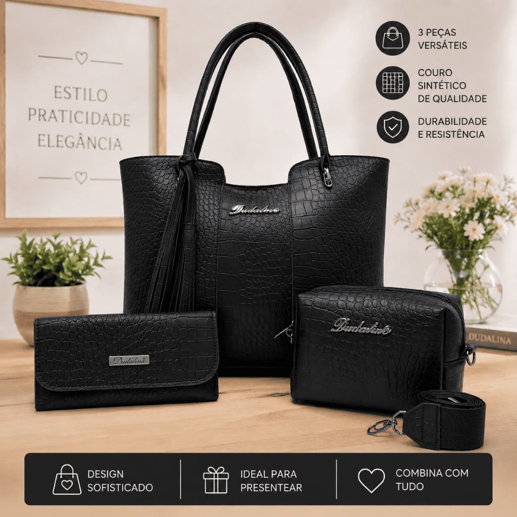 Kit 3 Peças Bolsa Feminina Shopper em Sintético com Bolsa Grande + Bolsa Pequena + Carteira Versátil Moderna