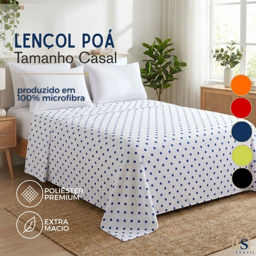 Lençol Casal 100% Microfibra Estampa Bolinhas 2,00m x 2,40m Toque Suave Poliéster Várias Cores