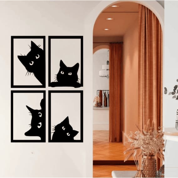 Kit 4 Quadros Decorativos Gatos Vazados MDF Preto | Decoração Moderna e Criativa para quarto, sala e entrada