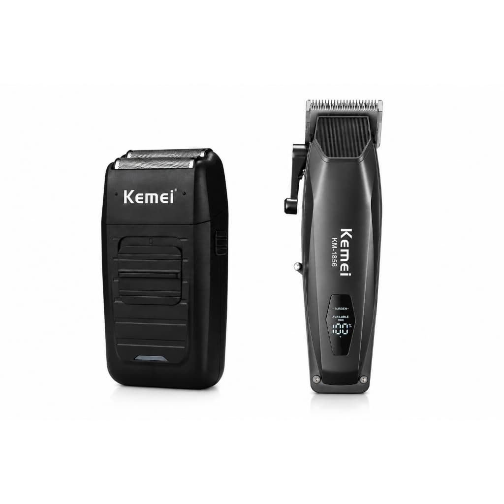 Kit Kemei Profissional KM-1856 + Barbeador Elétrico Acabamento | Máquina de Corte + Shaver de Acabamento Recarregáveis