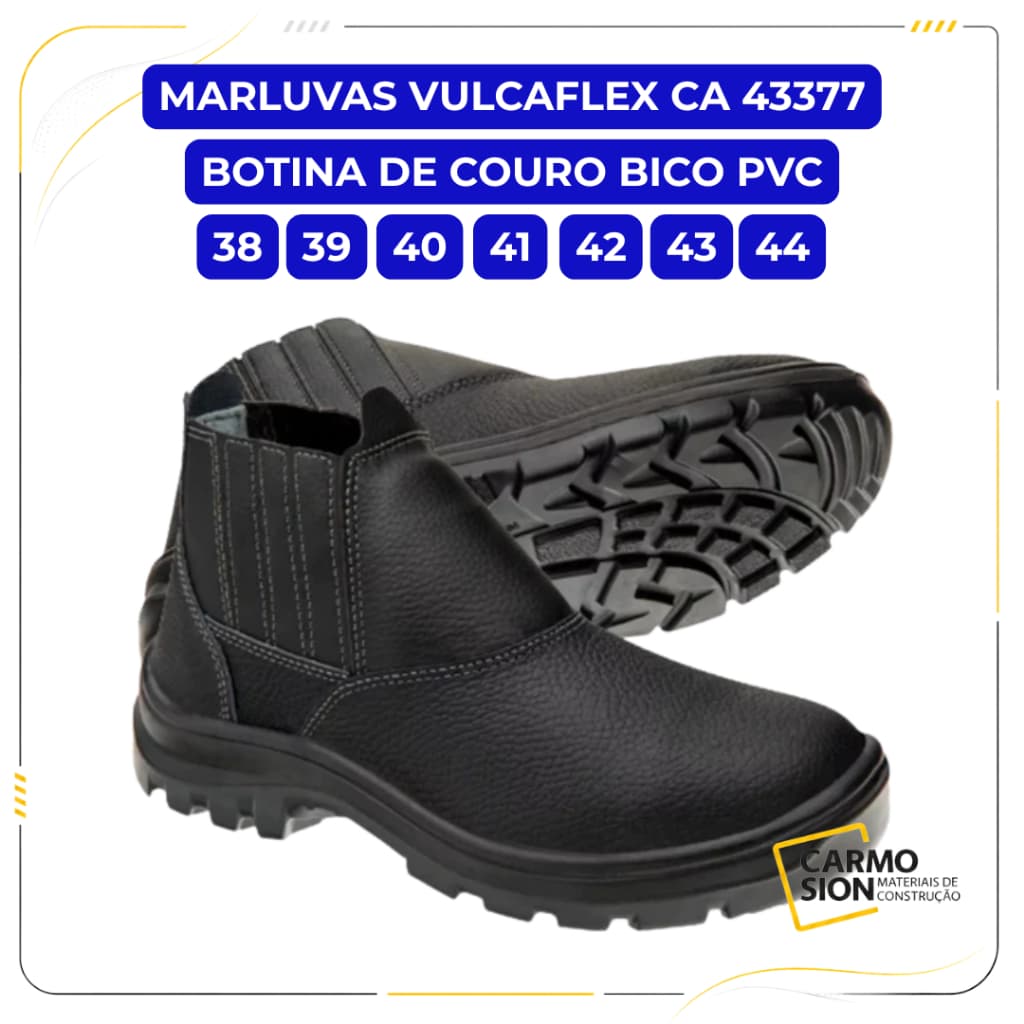 Botina Bota De Segurança Couro Marluvas Vulcaflex CA 43377 Bico PVC Solado PU Bidensidade EPI