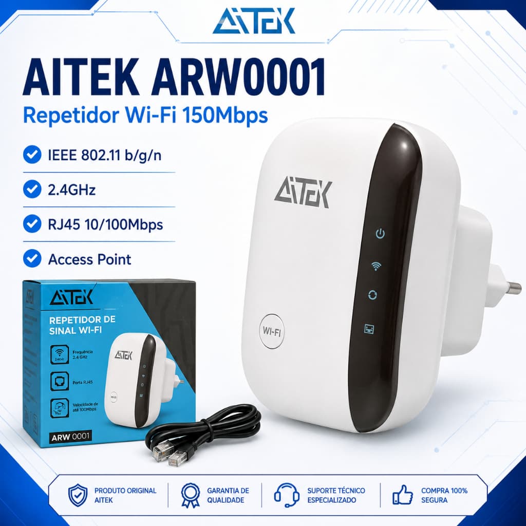 Repetidor De Sinal WiFi AITEK ARW0001 150Mbps 2.4GHz RJ45 Access Point