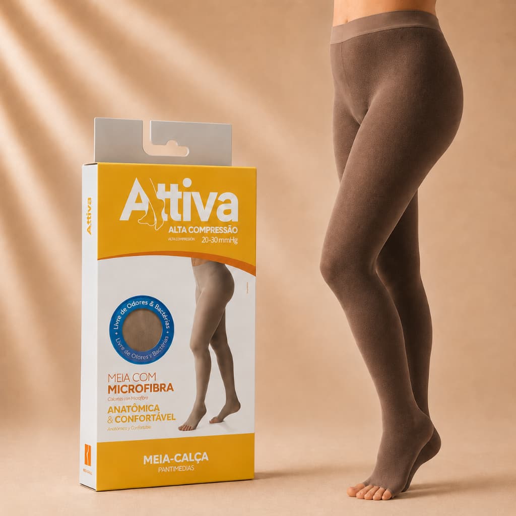 Meia Calça Elástica Alta Compressão 20-30mmHg Attiva Cor Natural Escuro Ponteira Aberta