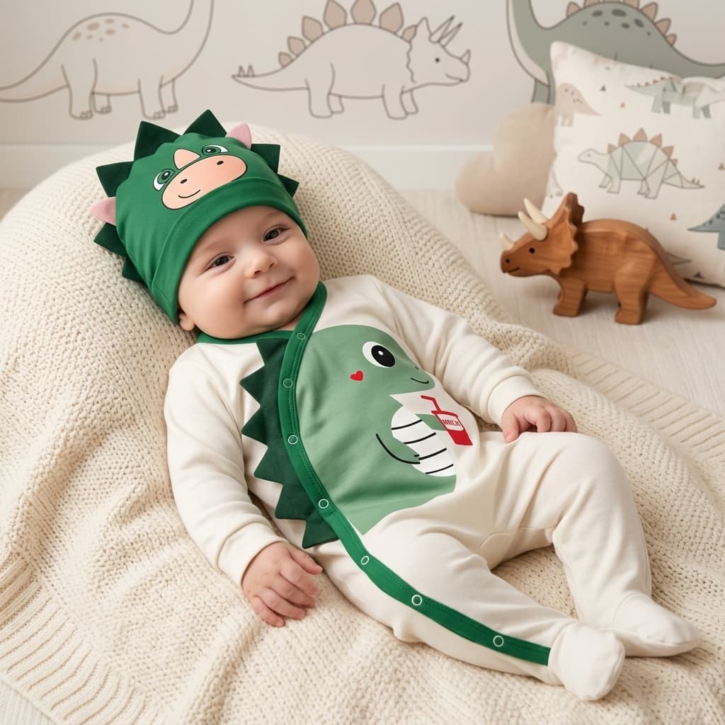 Conjunto Dinossauro Bebê Infantil Temático Mesversario Unissex Tema Divertido Confortável 100% Algodão