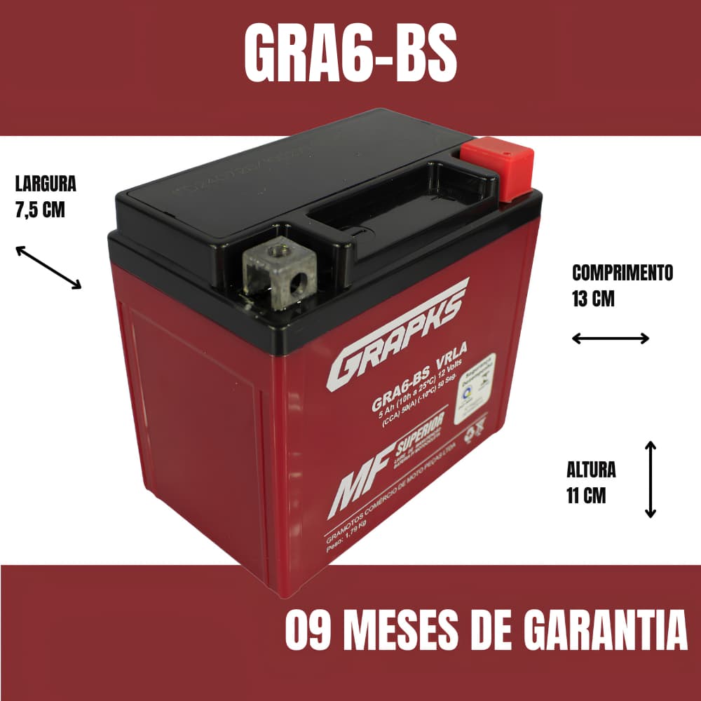 Bateria Moto 6BS 5 amperes Grapks CG 125 150 160 Bros125 Selada Livre de Manutenção