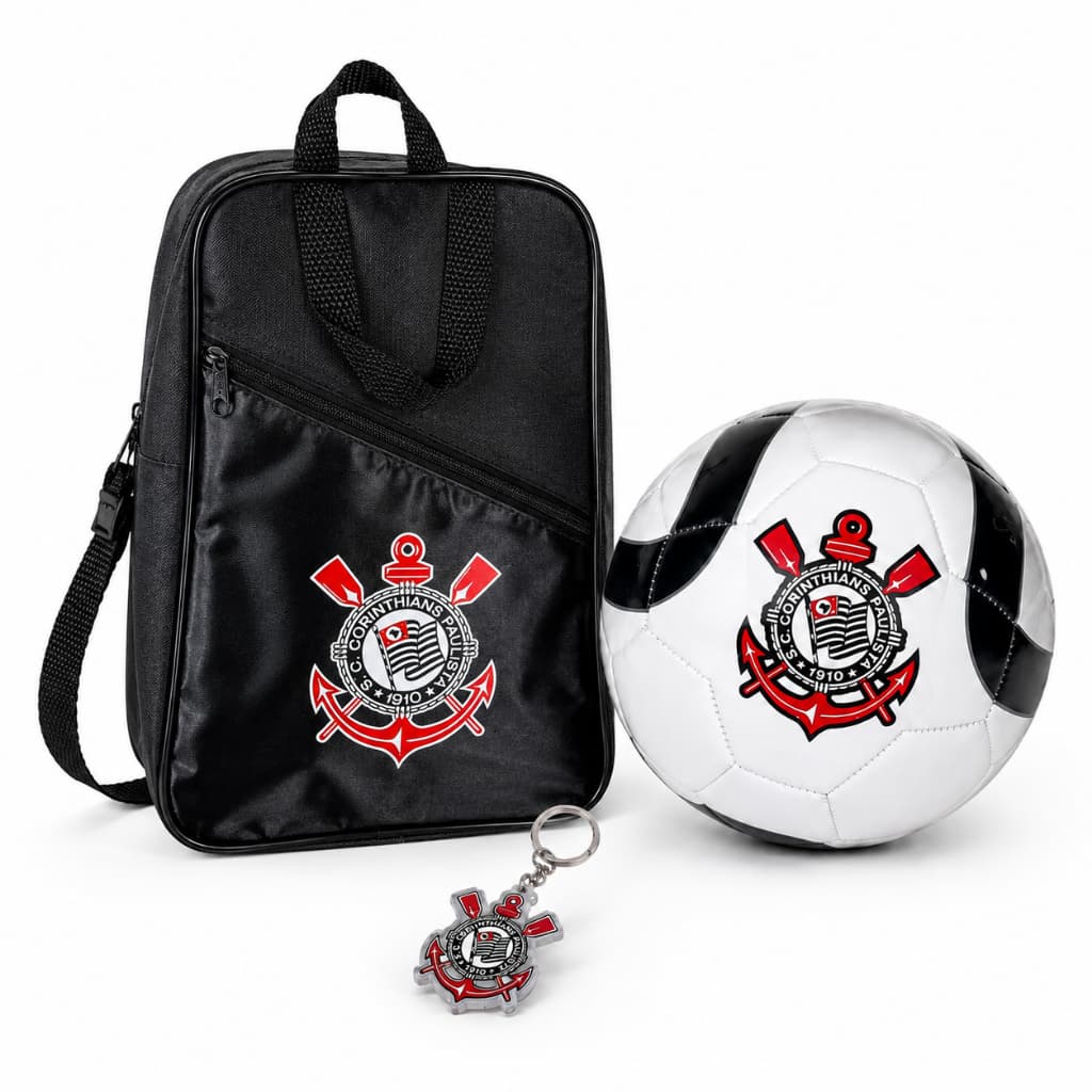 Bola Corinthians Couro Sintético + Bolsa Porta Chuteiras + Chaveiro