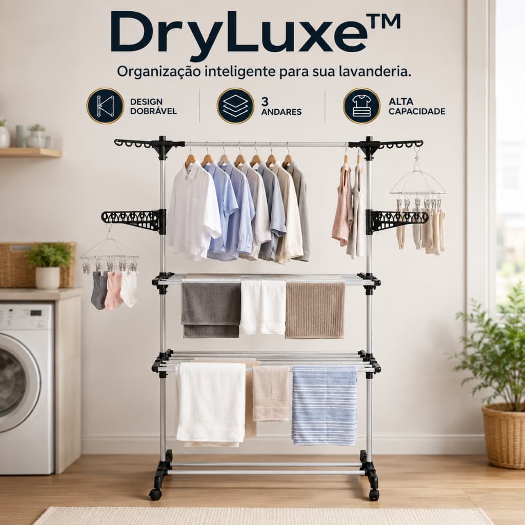 Varal de Chão Dobrável 3 Andares com Cabideiro e Bandejas Organizador de Roupas DryLuxe Preto