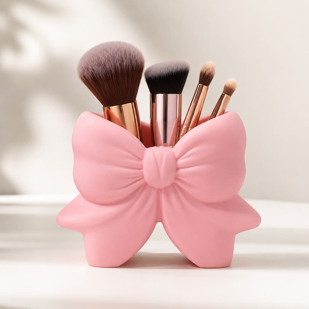 Porta Pincéis de Maquiagem Laço Organizador para Penteadeira Rosa Vermelho Branco