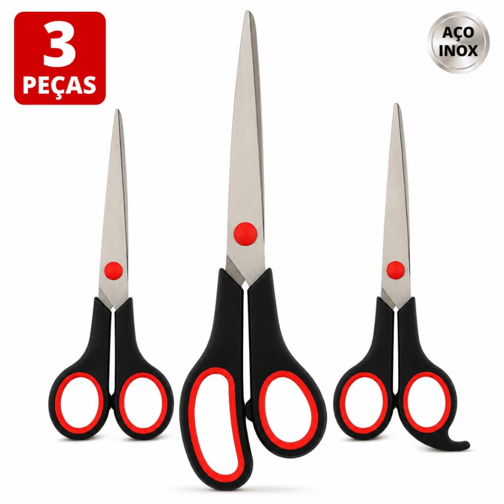 Kit 3 Tesouras Aço Inox Profissionais para Costura Artesanato e Uso Doméstico 5" 7" 7,5"