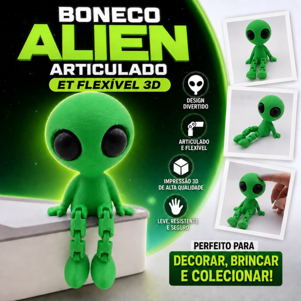 Boneco Alien ET Articulado Flexível Decoração Geek Gamer e Colecionável 3D