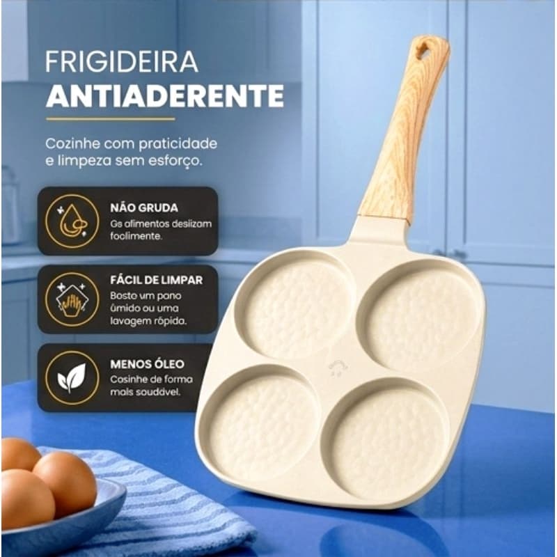 Frigideira Antiaderente com 4 Divisões Para Ovos e Hambúrgueres Com Cabo de Madeira Limpeza Fácil Alta Qualidade
