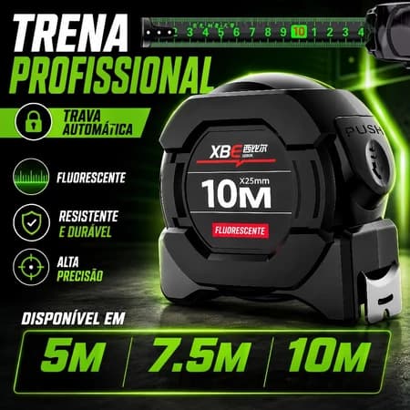 Trena Profissional 10m – Fita de Aço Inoxidável, Fluorescente e com Trava