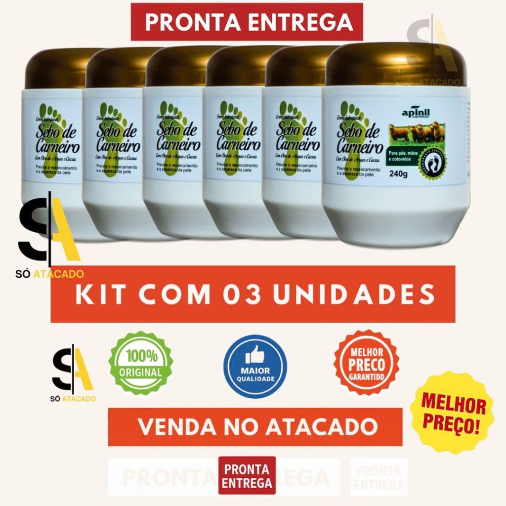 03 UND Creme Hid. Sebo De Carneiro APINIL DOURADO 240g - Original -  Para Hidratação De Rachaduras