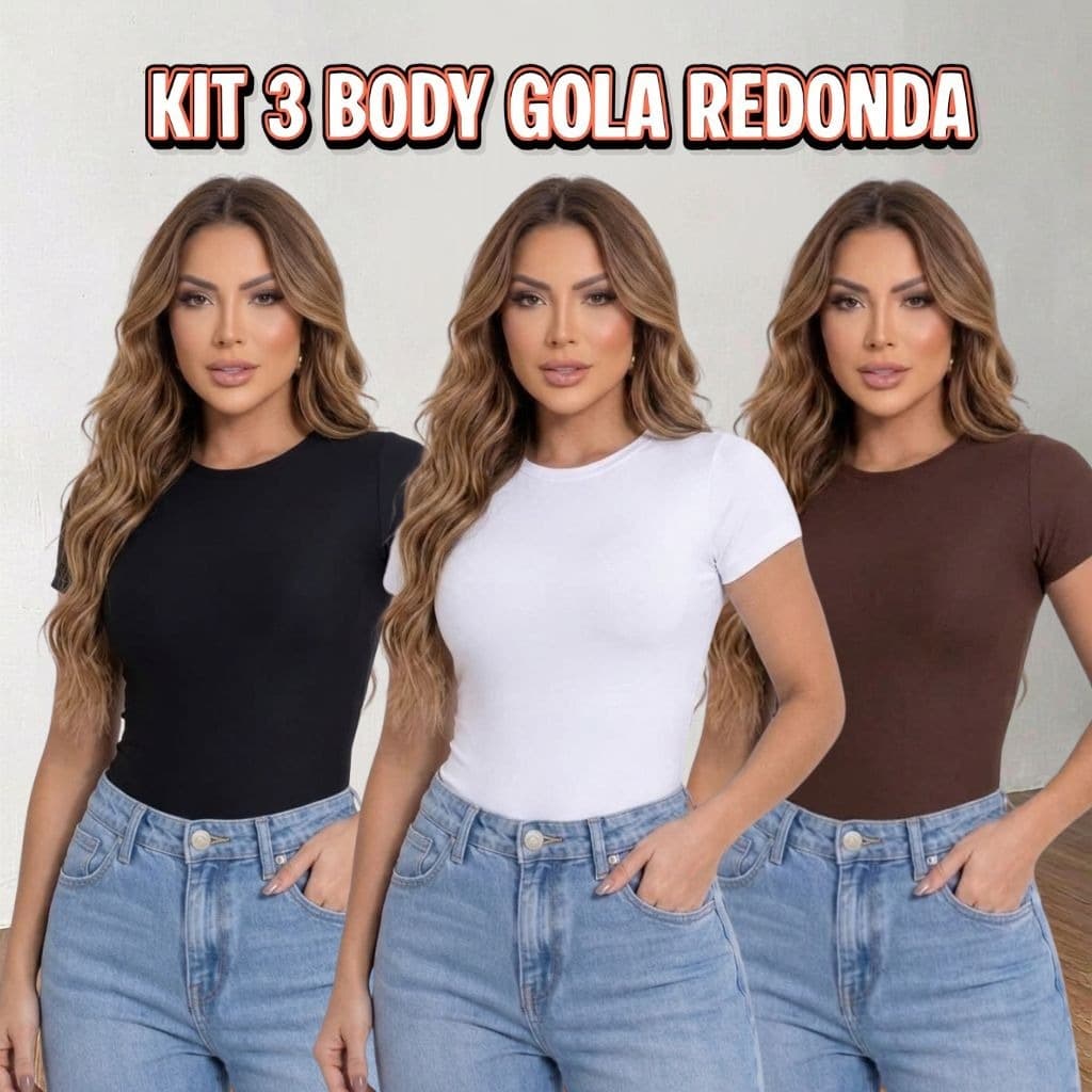 Kit 3 peças Body Feminino Forro Duplo Suplex Premium Manga Curta Gola Redonda Careca