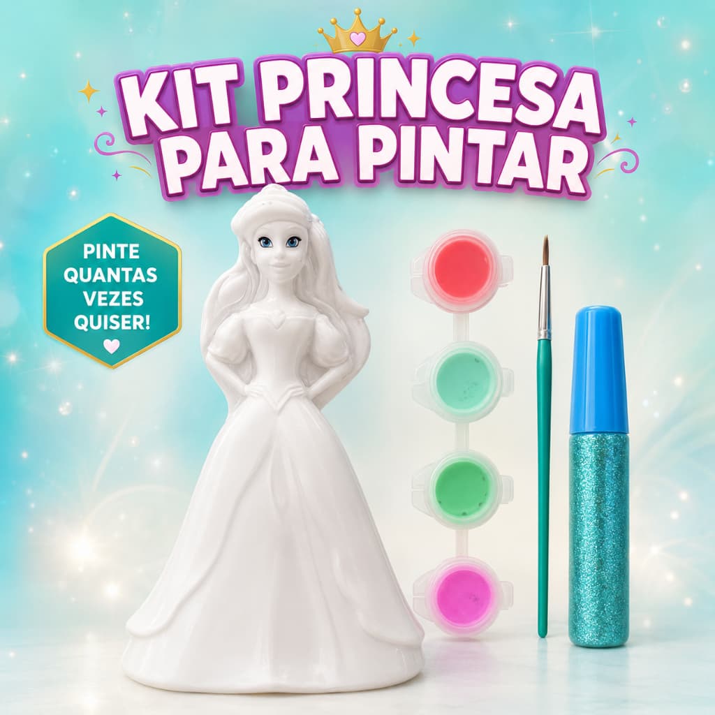 Kit Princesa para Pintar Infantil com 4 Tintas Pincel e Glitter | Boneca Criativa para Colorir