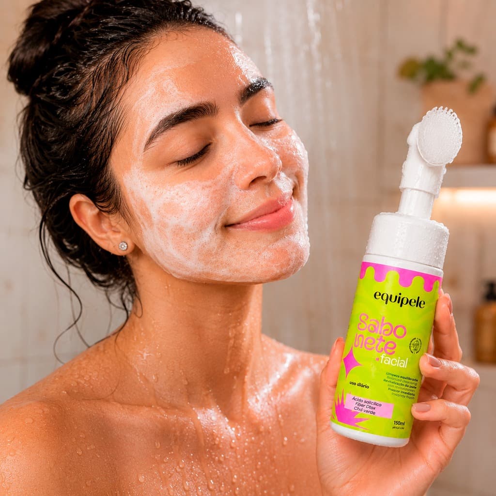 Kit Sabonete Facial Equipele Espuma de Limpeza com Escova de Silicone 150ml Ácido Salicílico Pele Oleosa Antiacne